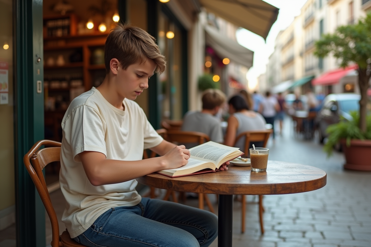 Adolescent lisant un livre dans un café en plein air
