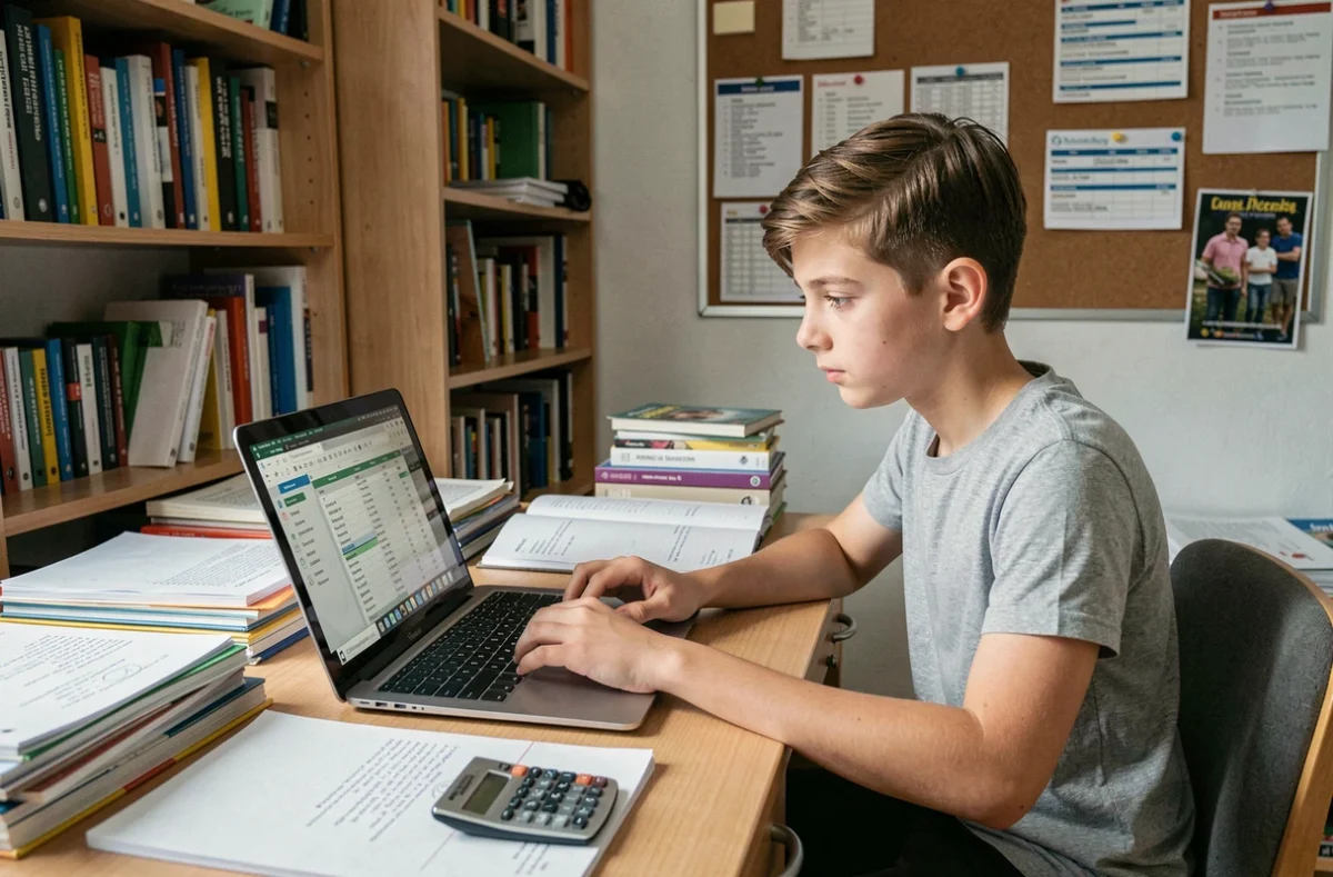 Adolescent calculant sa moyenne de contrôle continu pour le brevet des collèges 2026 sur ordinateur