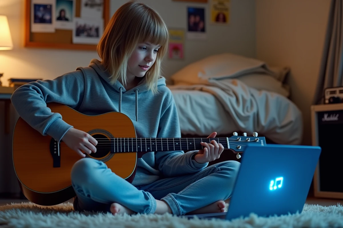 Adolescente apprenant la tablature de guitare de Let It Be sur un ordinateur portable dans sa chambre