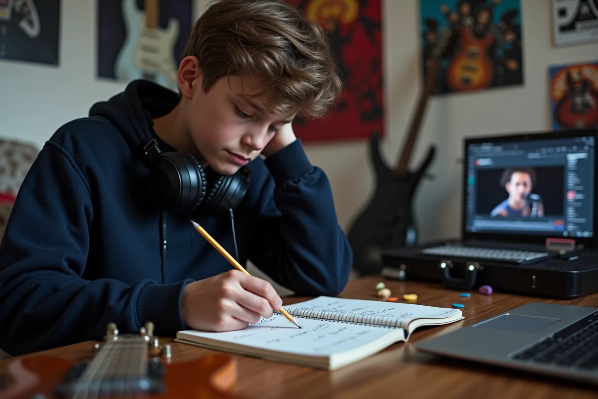 Adolescent annotant une tablature de guitare à la main dans un cahier posé sur un bureau de chambre encombré