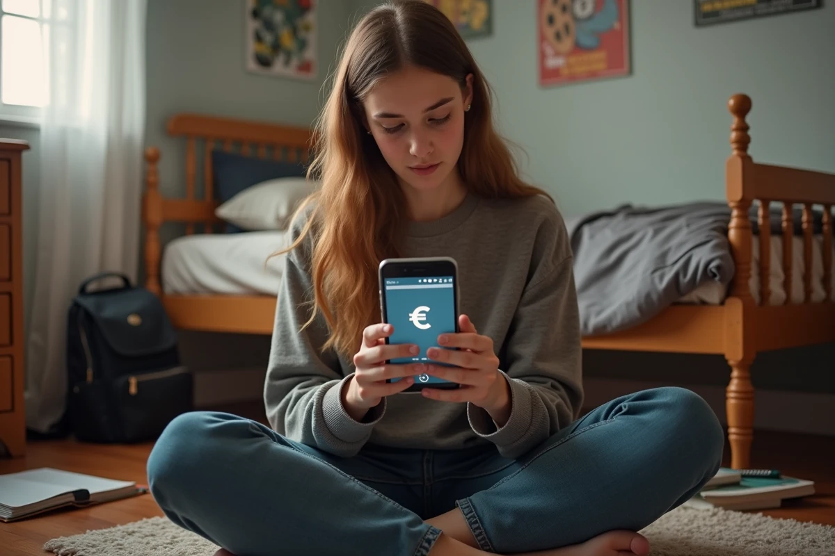 Adolescent apprenant le ñ espagnol sur une application mobile dans sa chambre