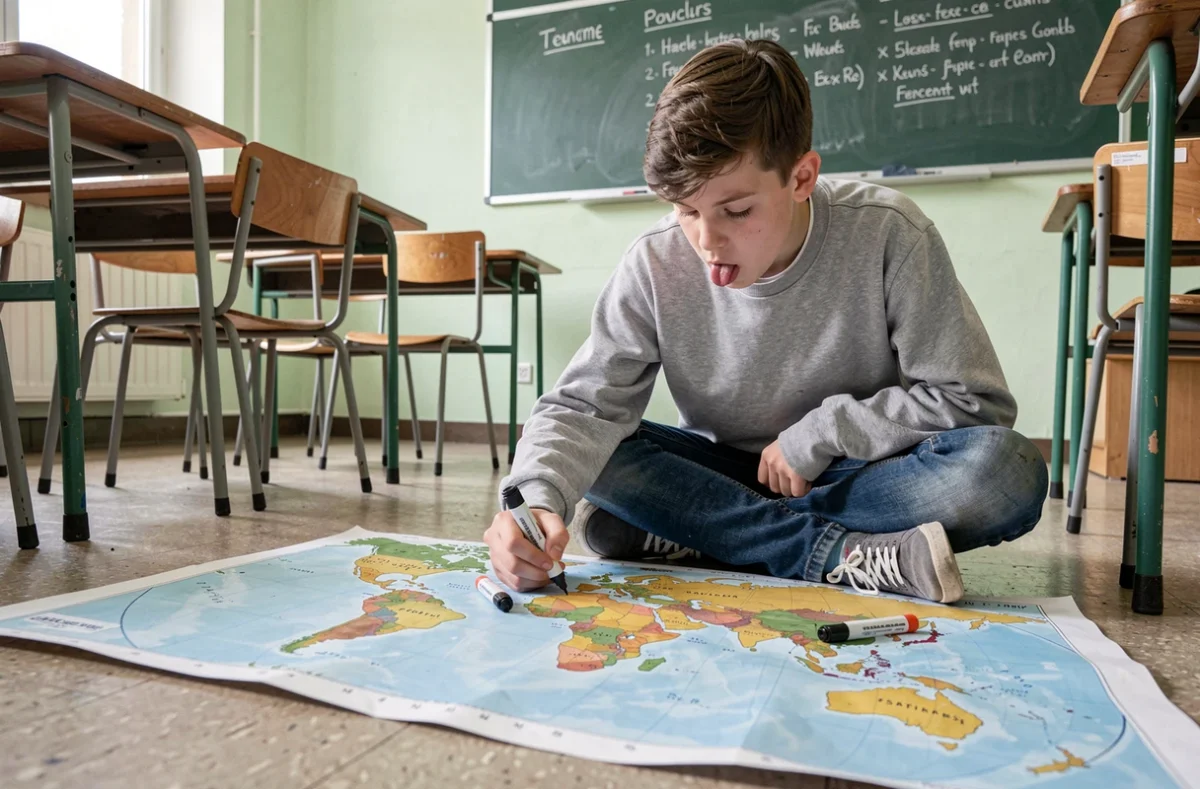 Adolescent qui colorie et annote un planisphère vierge par terre dans une salle de classe pour préparer le Brevet