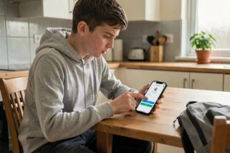Adolescent paramétrant un accès rapide au site Scolinfo sur son smartphone Android dans une cuisine familiale