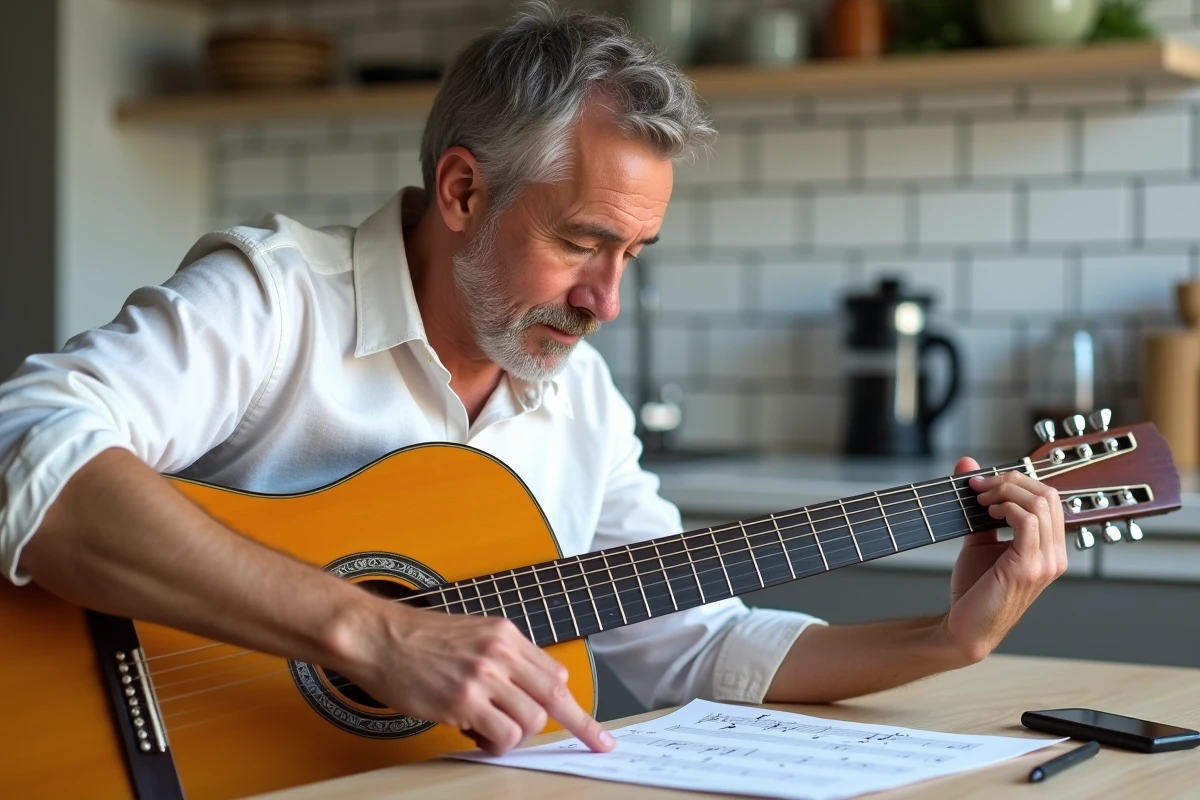 Homme adulte déchiffrant une tablature imprimée de Let It Be sur une guitare classique dans une cuisine moderne