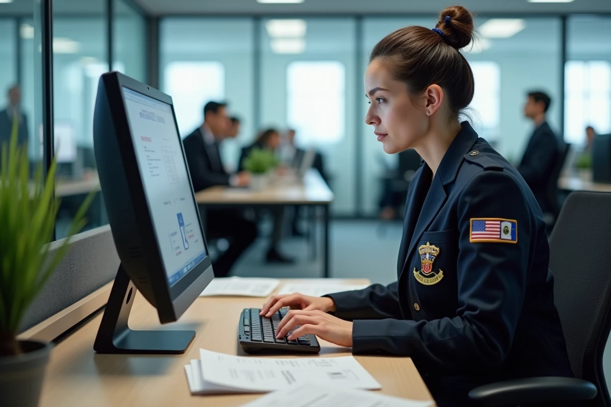 Agente ASVP assise à son bureau consultant un logiciel de paie et son bulletin de salaire mensuel