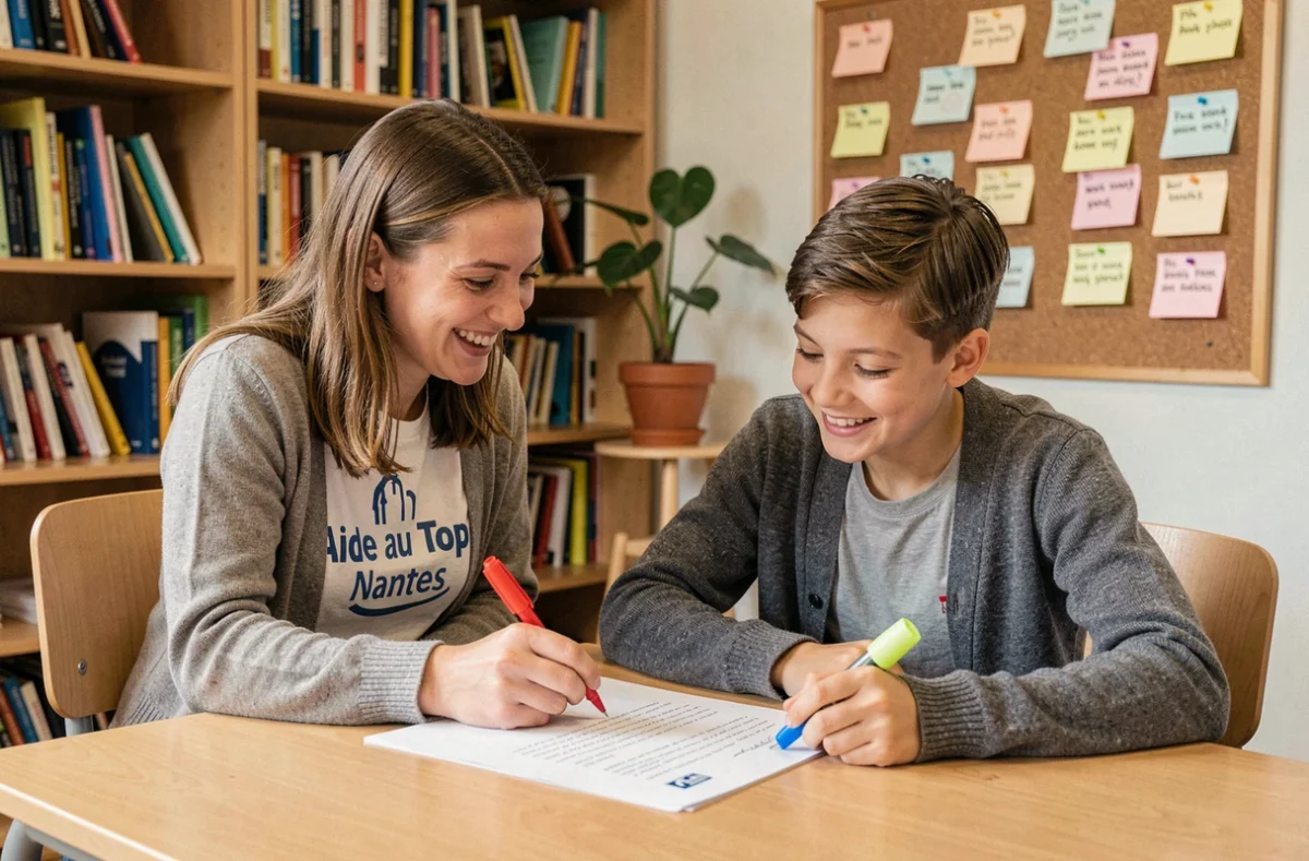 Une tutrice d'Aide au Top Nantes aide un collégien à revoir une rédaction en français dans un centre de soutien scolaire