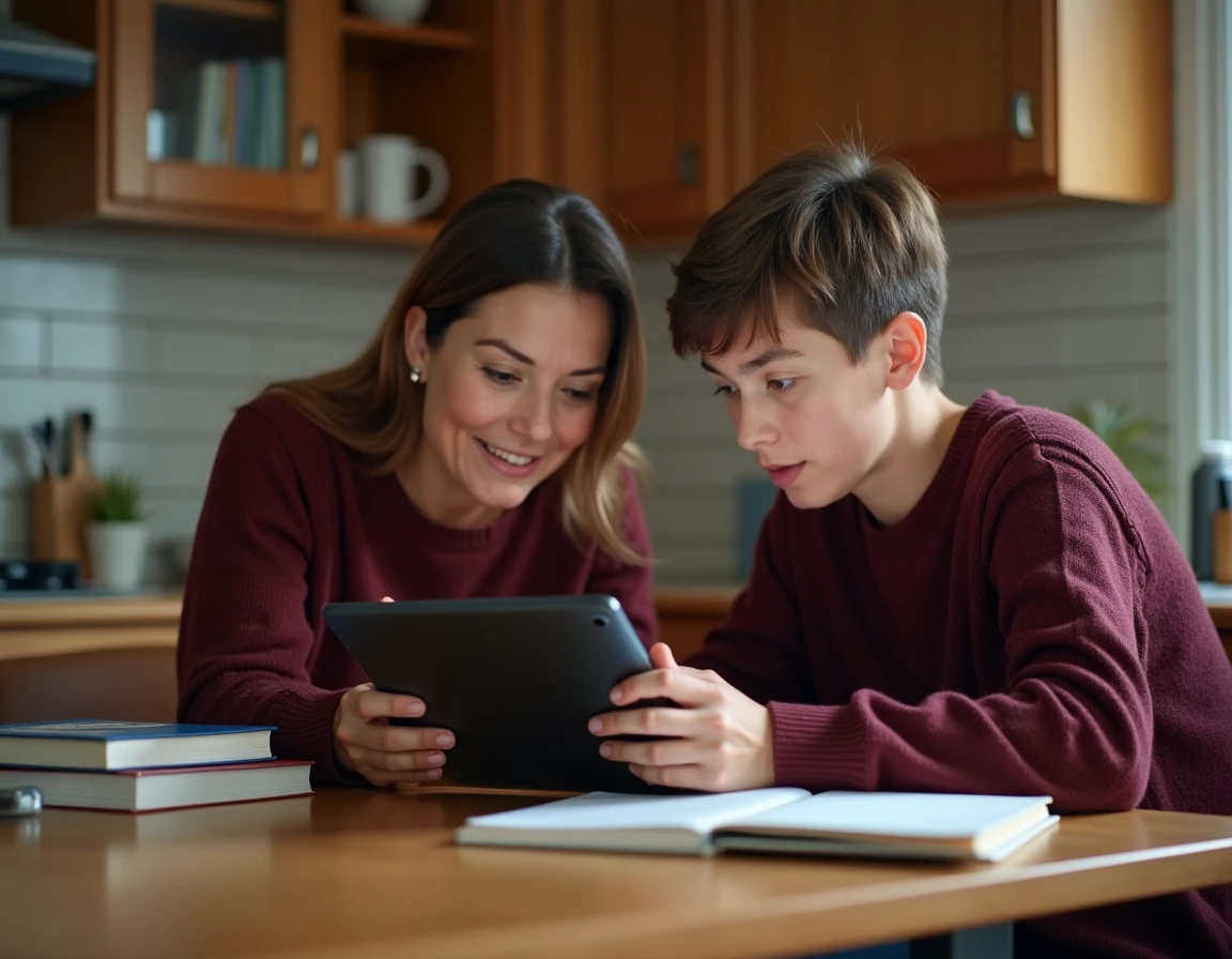 Mère aidant son enfant à configurer l'application ENT Aisne sur une tablette à la maison