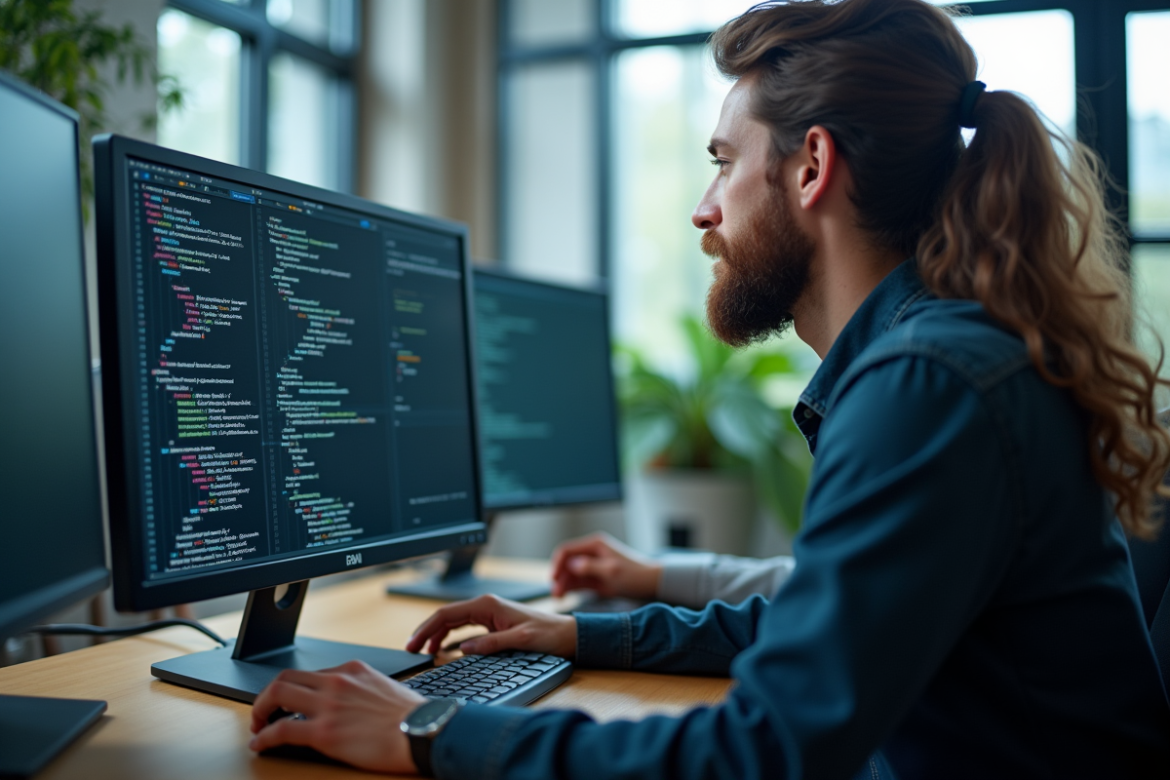 Analyste de données travaillant sur deux écrans avec code R