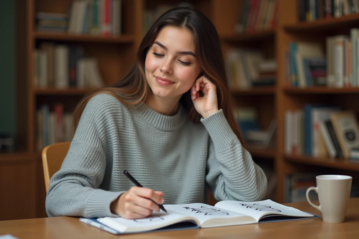 Jeune femme écrivant la lettre ñ espagnole dans un cahier de langue à son bureau