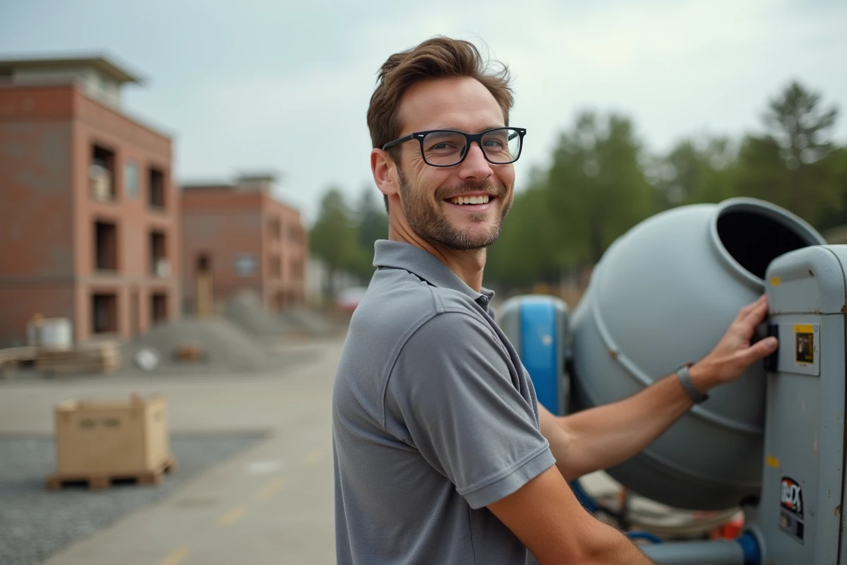 Apprenti BTP opérant une bétonnière lors d'une session de formation pratique en extérieur