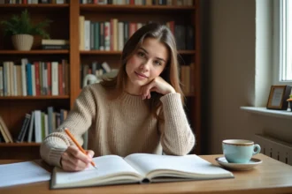 Jeune femme étudiant les articles définis et indéfinis dans un cahier de grammaire française posé sur un bureau en bois
