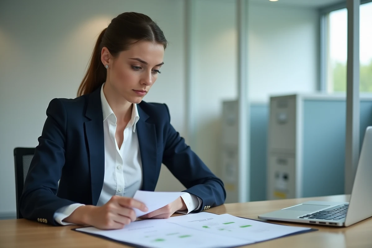 Assistante de section administrative en train de consulter des dossiers officiels dans un bureau de la fonction publique française