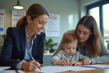 Assistante sociale expliquant des papiers à une mère et son enfant
