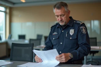 Agent de surveillance de la voie publique en uniforme consultant son bulletin de paie dans un bureau municipal