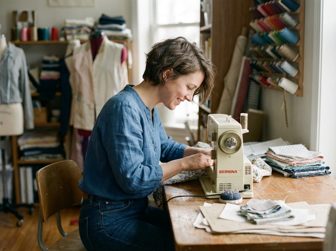 Femme en atelier couture travaillant sur une machine à coudre