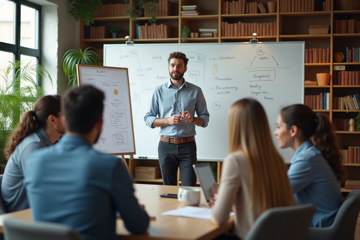Jeune homme en casual animant une séance de brainstorming