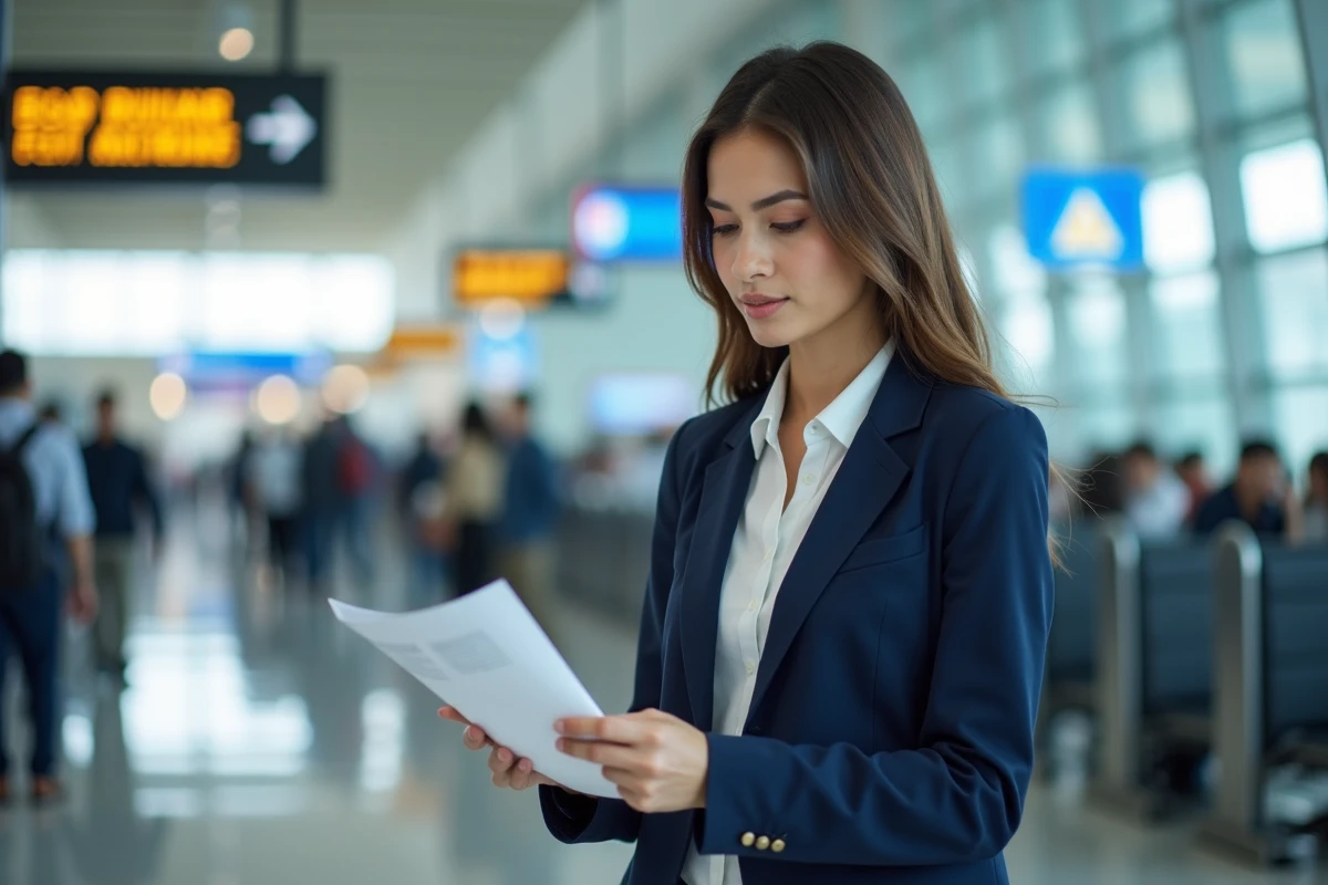 Jeune femme diplômée du BTS Tourisme travaillant au comptoir d'enregistrement d'un aéroport international