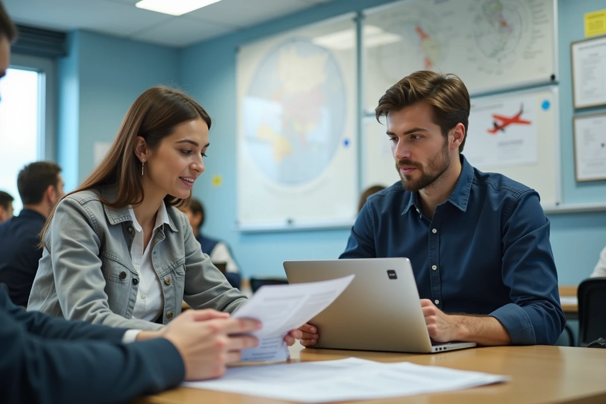 Étudiants en reconversion après un BTS Tourisme participant à une formation spécialisée dans le secteur aérien