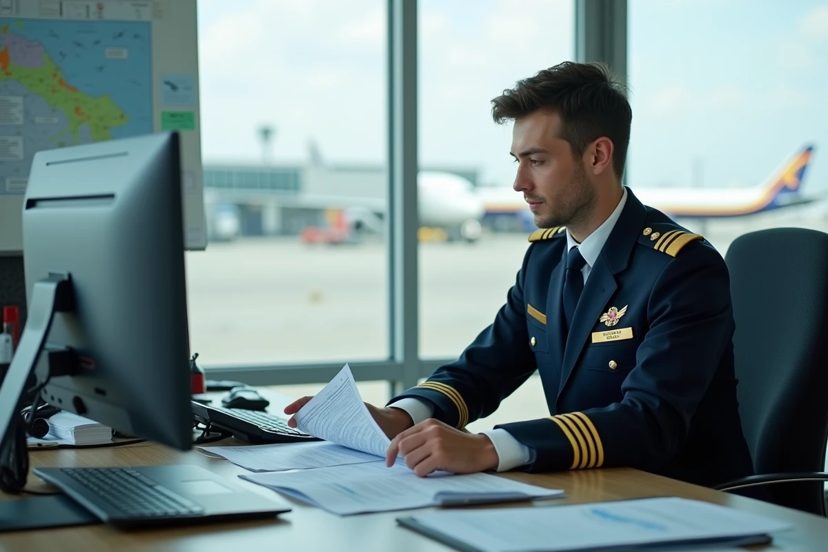 Jeune homme après un BTS Tourisme travaillant dans un bureau des opérations aériennes avec vue sur le tarmac