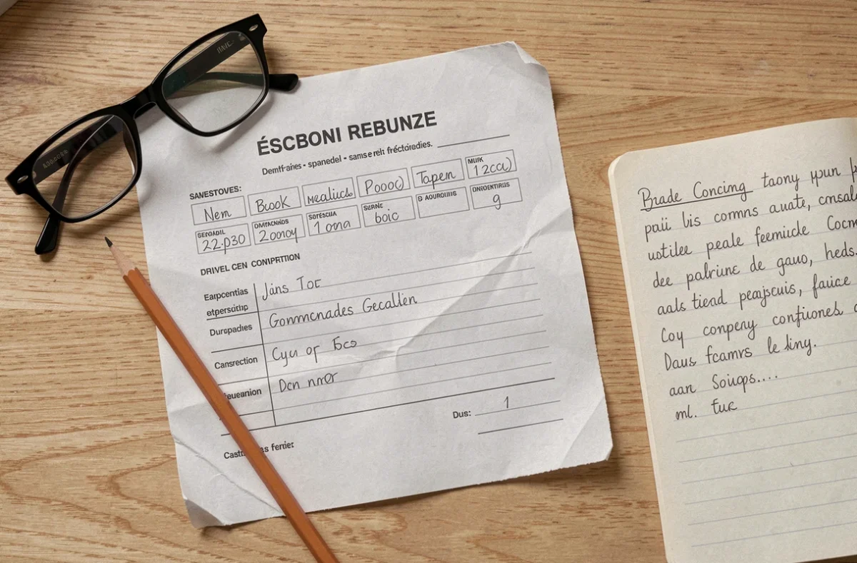 Vue de dessus d'un bulletin scolaire avec des lunettes et des notes manuscrites pour décoder les moyennes