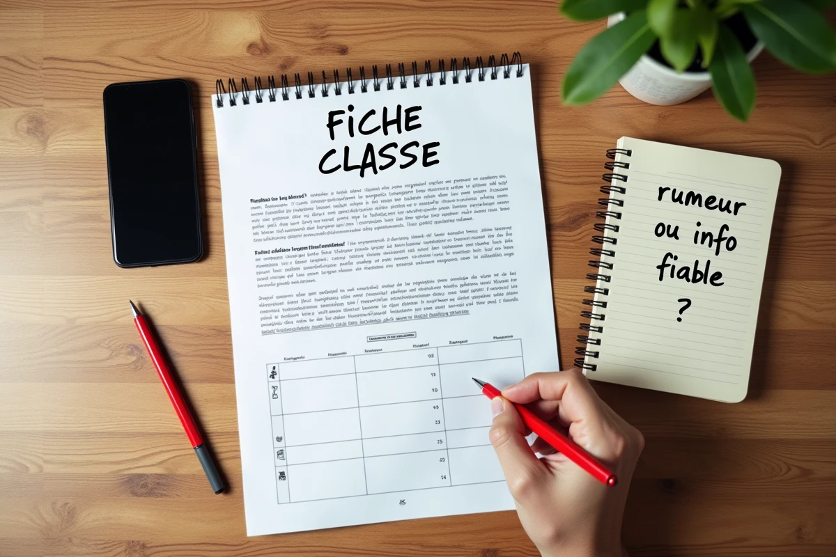 Vue de dessus d'un bureau avec la fiche classe 2026 annotée, un smartphone et des notes sur la fiabilité des informations pour la rentrée