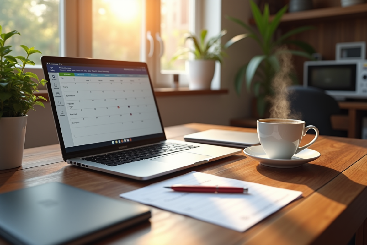 Espace de travail moderne avec ordinateur et café lumineux