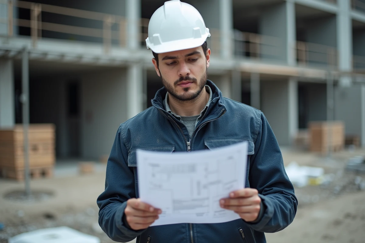 Chef de chantier en formation BTP consultant des plans sur un chantier de construction actif