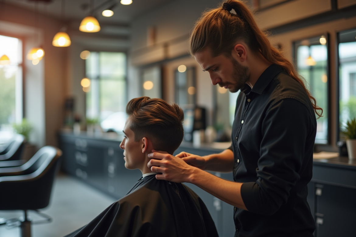 Coiffeur professionnel travaillant sur un client dans un salon moderne