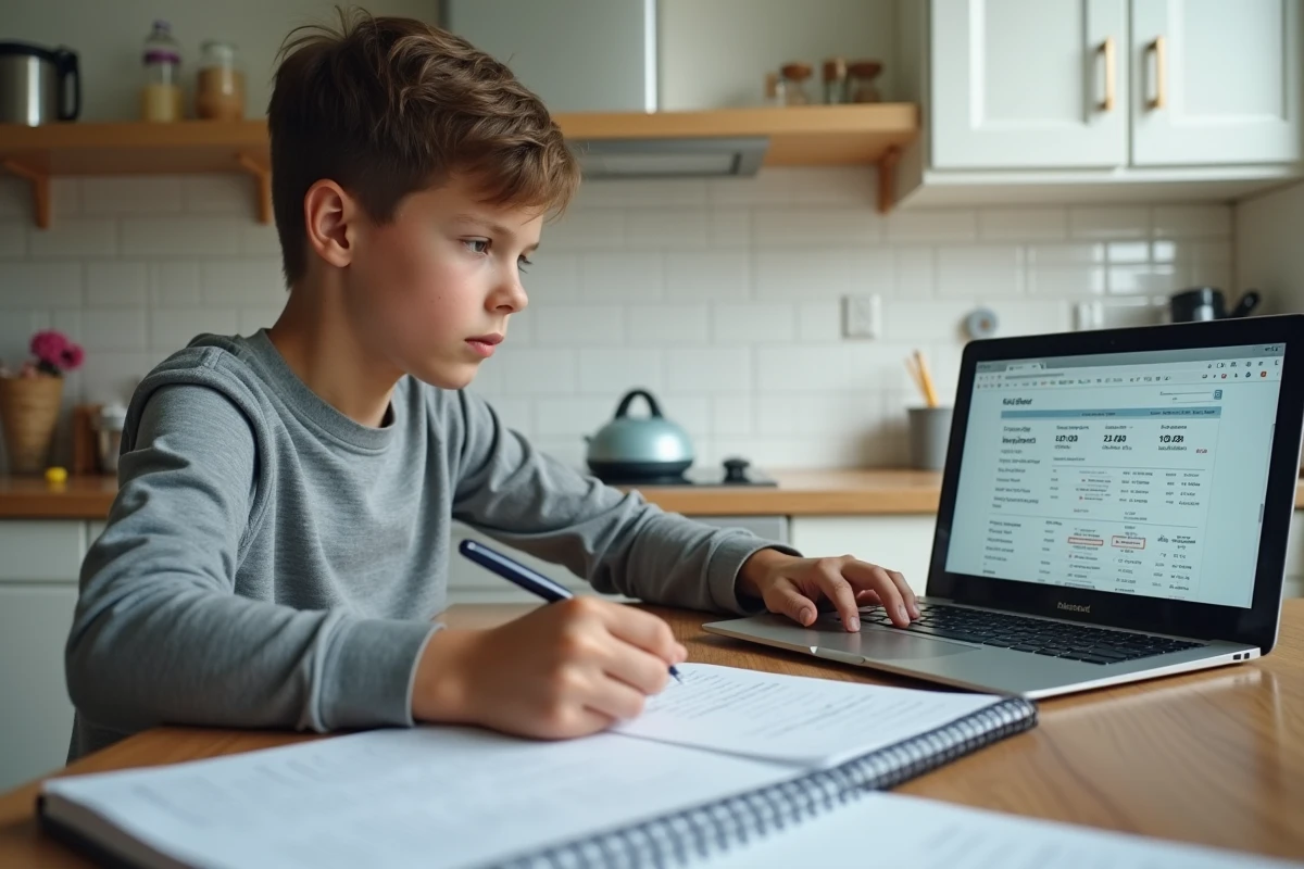 Collégien utilisant un calculateur de moyenne en ligne pour préparer le brevet, ordinateur portable et bulletins scolaires