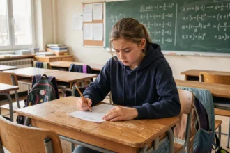 Collégienne révisant son bulletin de notes pour estimer sa moyenne au brevet 2026
