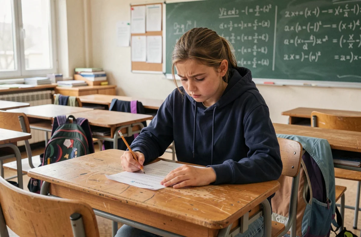 Collégienne révisant son bulletin de notes pour estimer sa moyenne au brevet 2026