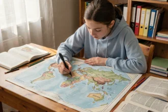Collégienne qui complète un planisphère imprimé sur son bureau en bois pour réviser la géographie avant le Brevet 2026