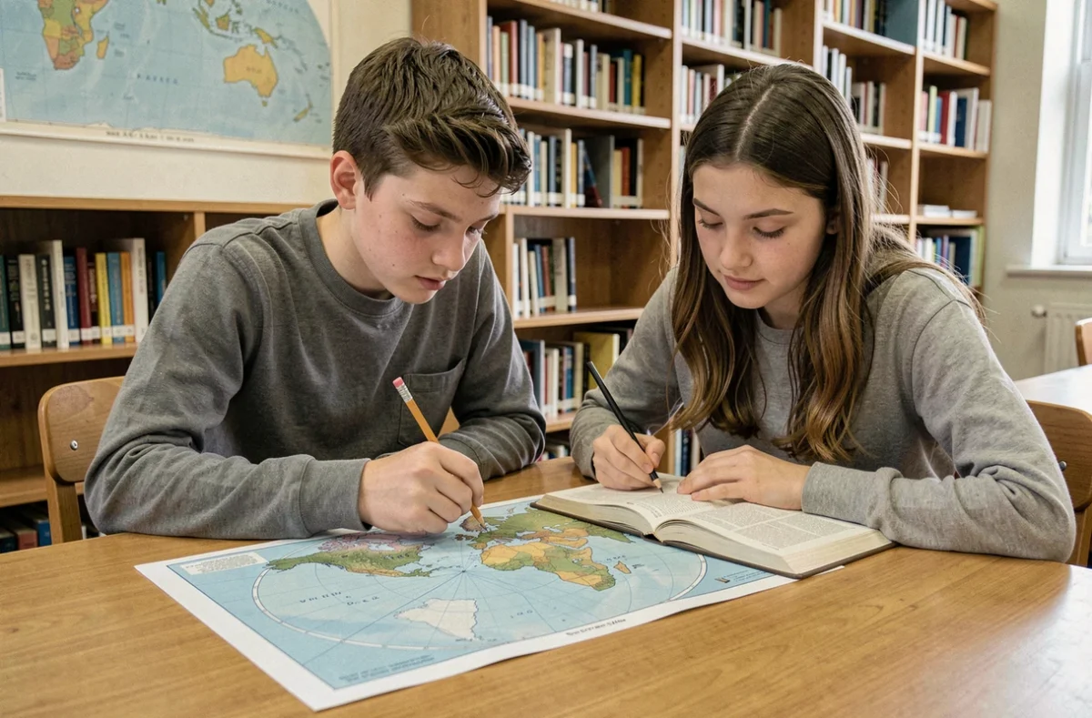 Deux collégiens qui travaillent ensemble sur un planisphère à compléter en bibliothèque pour réviser le Brevet 2026