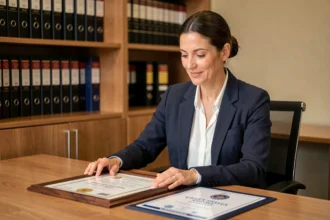 Femme professionnelle comparant un diplôme universitaire et un titre professionnel certifié posés sur un bureau en bois dans un bureau moderne