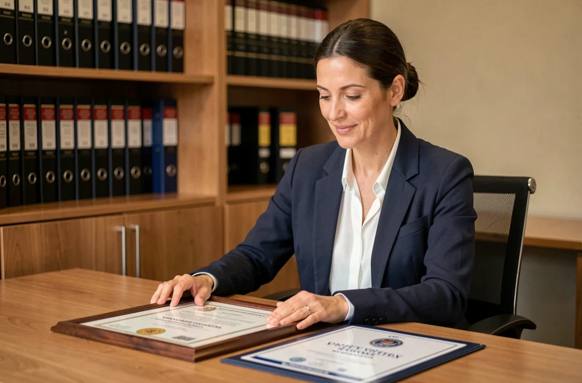 Femme professionnelle comparant un diplôme universitaire et un titre professionnel certifié posés sur un bureau en bois dans un bureau moderne