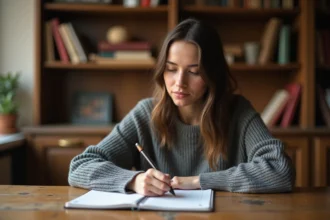 Jeune femme écrivant la conjugaison du passé simple dans un cahier à la maison