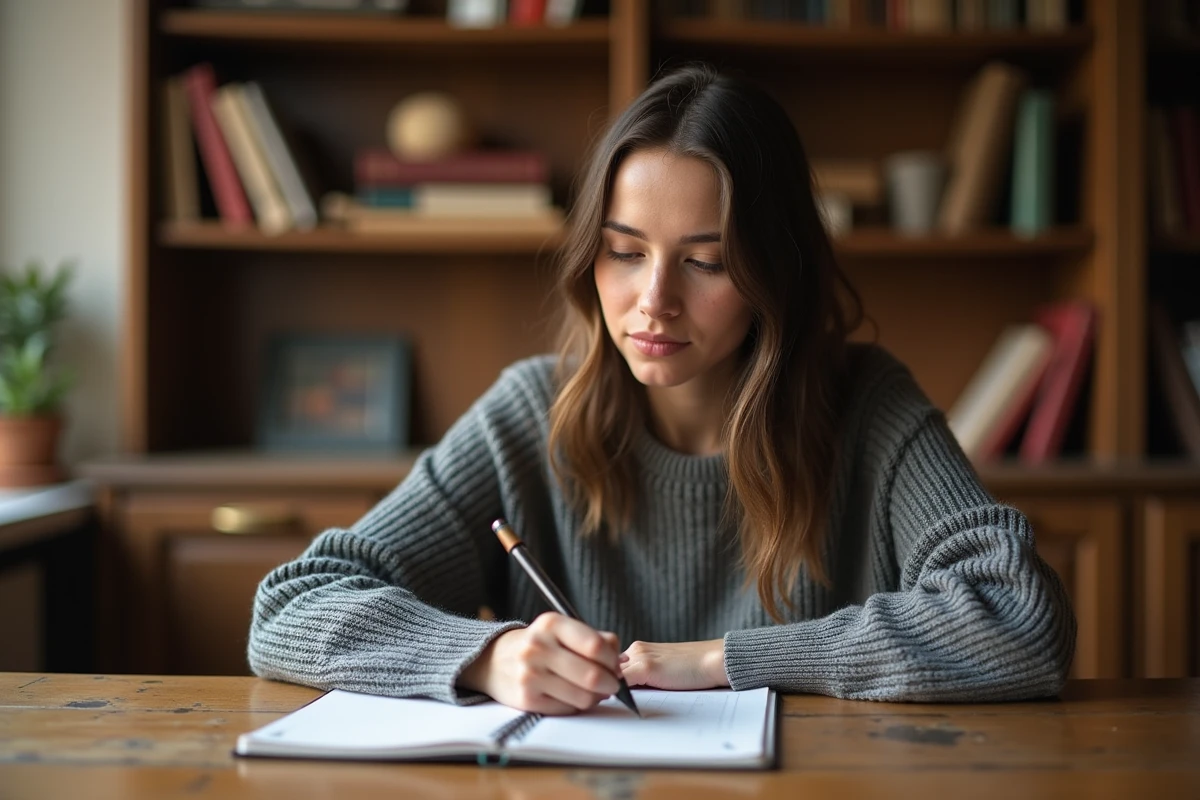 Jeune femme écrivant la conjugaison du passé simple dans un cahier à la maison