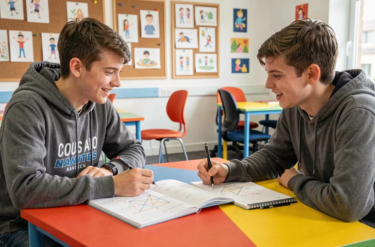 Un tuteur jeune et dynamique de Cours Ado Nantes explique un exercice de géométrie à un adolescent dans un espace dédié