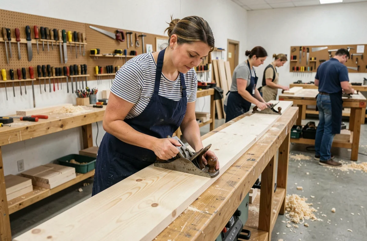 Femme apprenant le travail du bois dans un atelier de cours de bricolage collectif pour réduire les coûts de rénovation