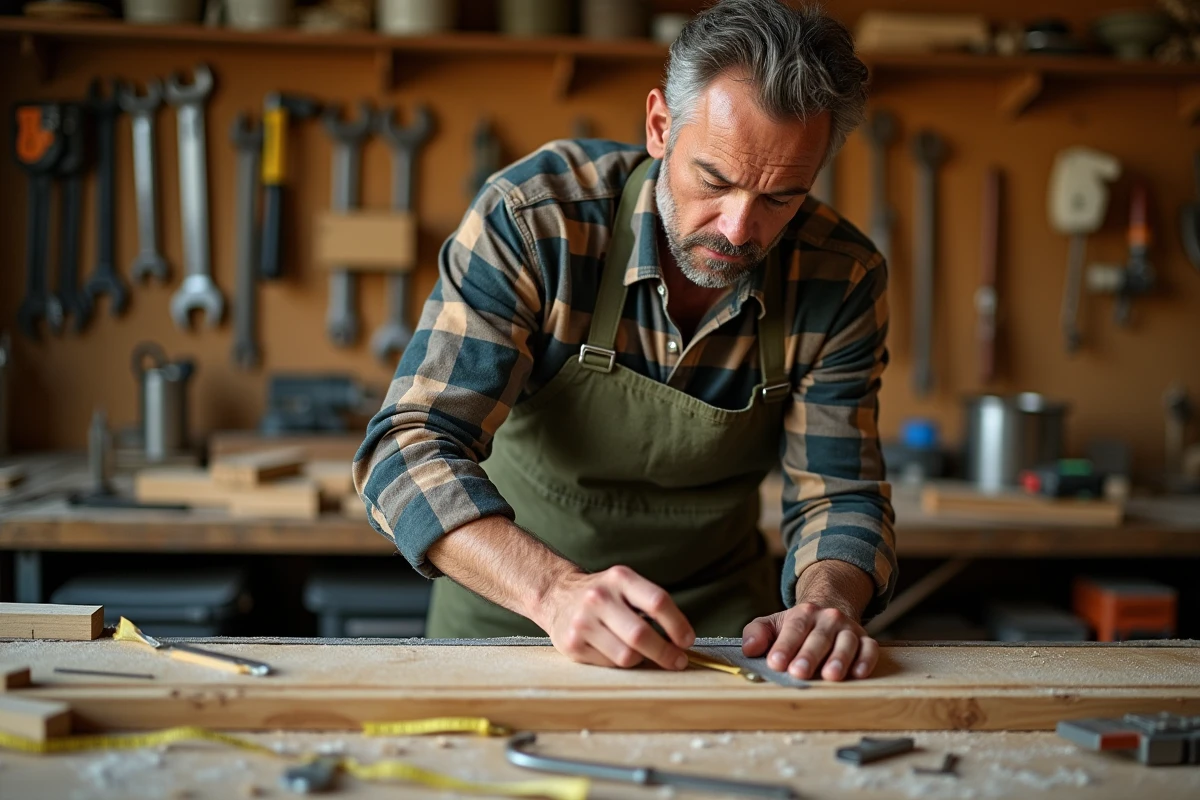 Homme en tablier de bricolage mesurant une planche en bois dans un atelier DIY, cours pratique de bricolage