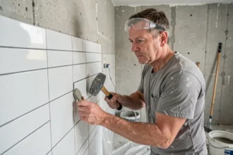 Homme posant des carreaux de salle de bain lors d'un cours de bricolage pratique, rénovation maison économique