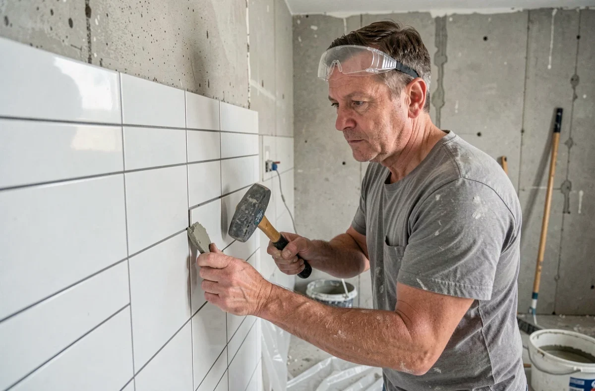 Homme posant des carreaux de salle de bain lors d'un cours de bricolage pratique, rénovation maison économique