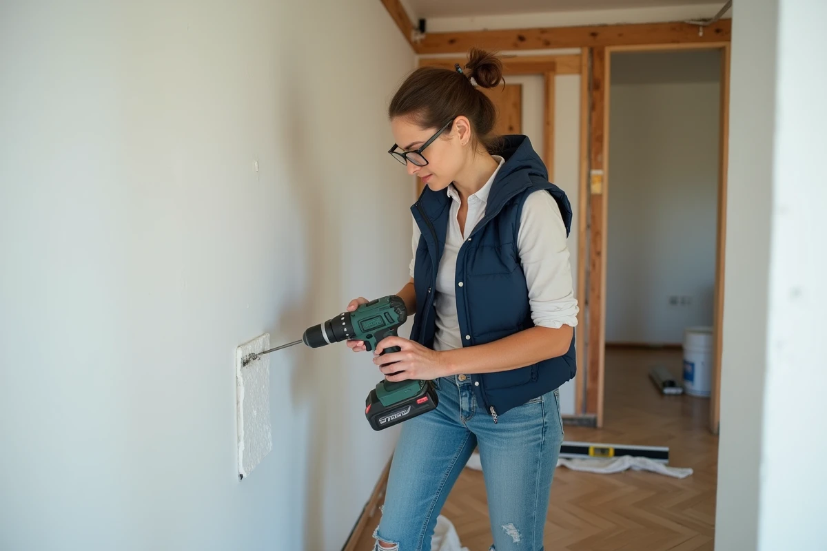 Femme utilisant une perceuse sans fil lors d'un cours de bricolage pour rénovation intérieure maison