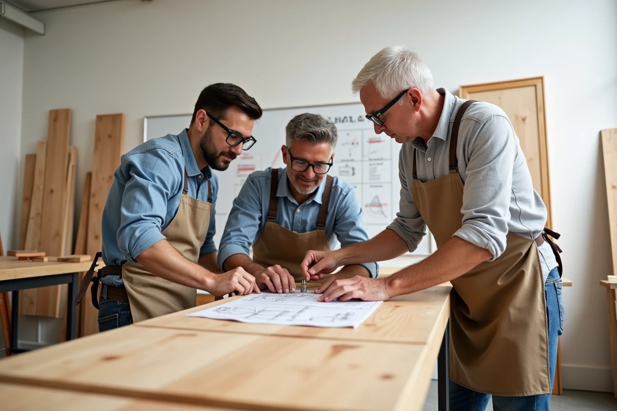 Groupe d'adultes participant à un cours de bricolage encadré par un formateur dans un atelier pédagogique