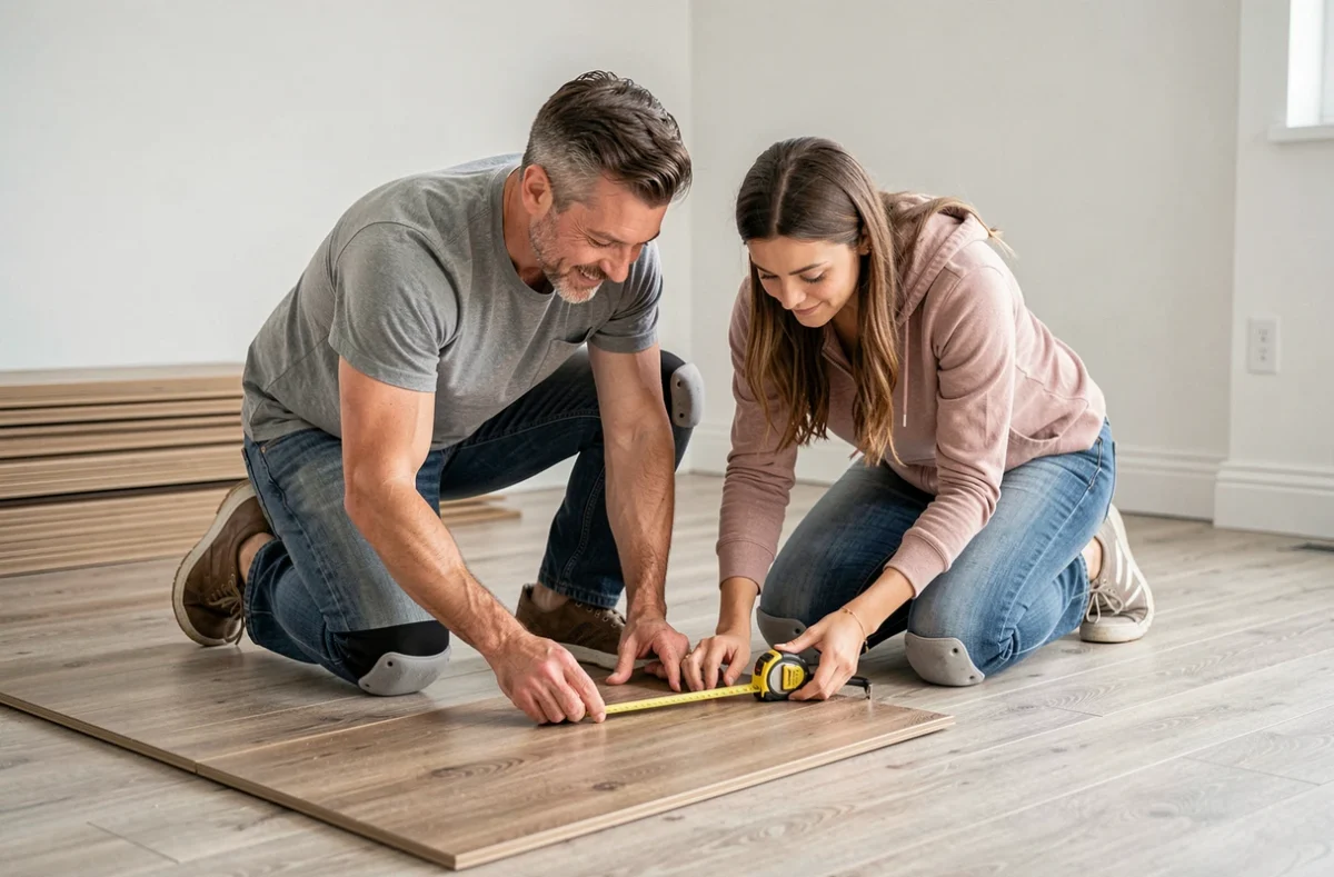 Couple posant un sol stratifié eux-mêmes grâce à un cours de bricolage pour éviter les devis coûteux de professionnels