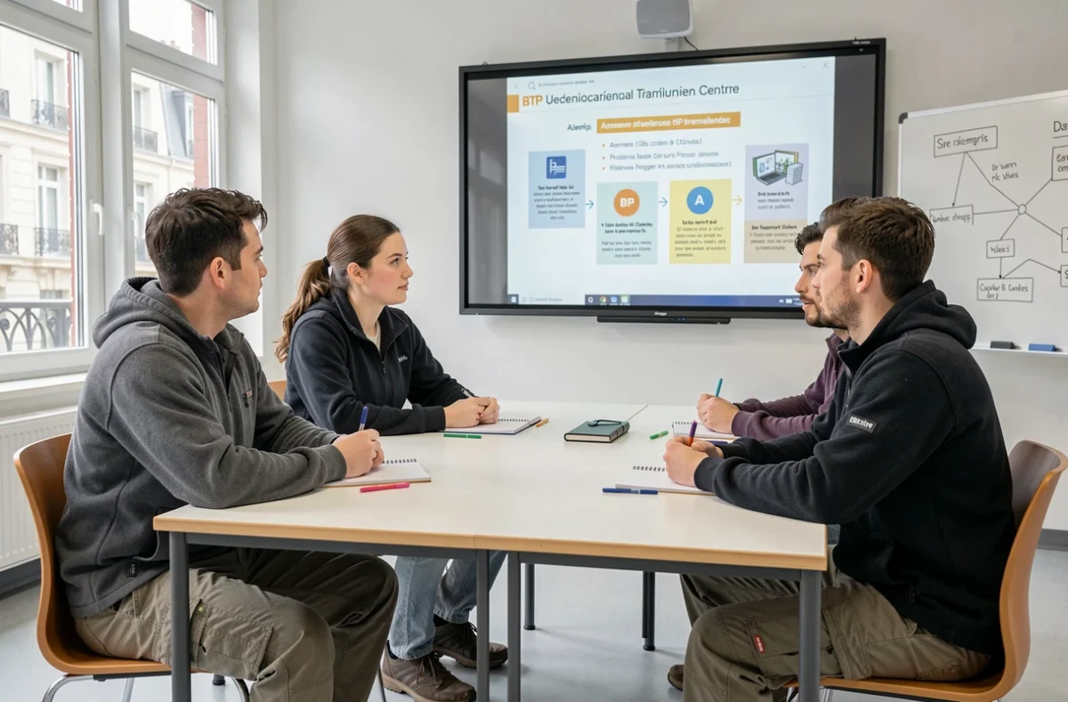 Groupe d'étudiants adultes en formation BTP dans une salle de classe d'un centre de formation professionnel français