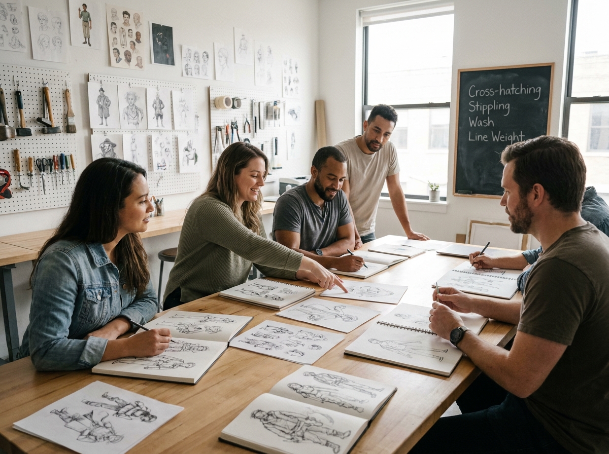 Groupe d'étudiants adultes en cours d'illustration en présentiel dans une école d'art, collaborant autour d'une table de travail couverte de dessins et d'outils artistiques