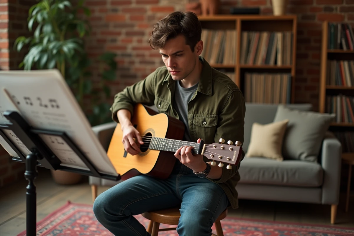 Jeune homme apprenant la guitare acoustique avec une tablature de Let It Be posée sur un pupitre dans un salon chaleureux