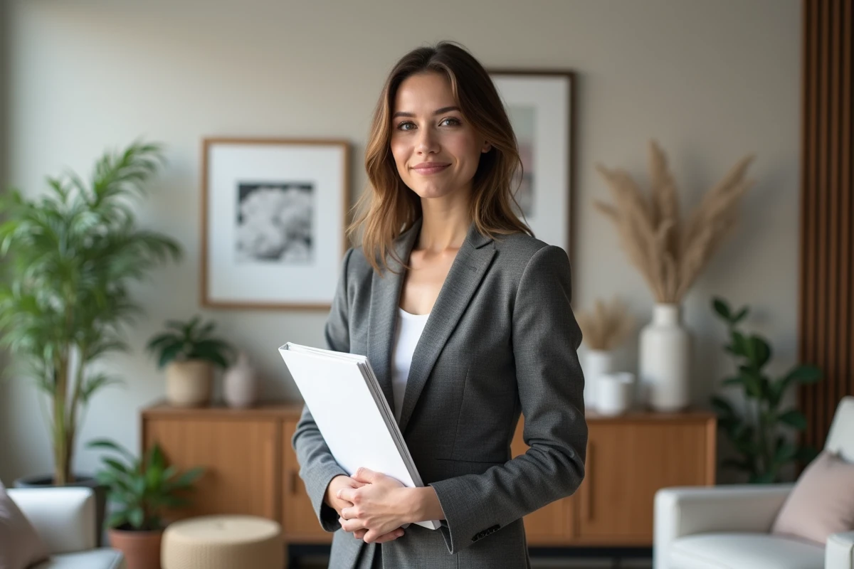 Décoratrice d'intérieur diplômée posant avec son portfolio dans un salon aménagé et décoré par ses soins
