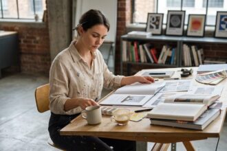 Designer graphique professionnelle étudiant son portfolio dans un studio industriel avec des références visuelles et des esquisses sur sa table de travail